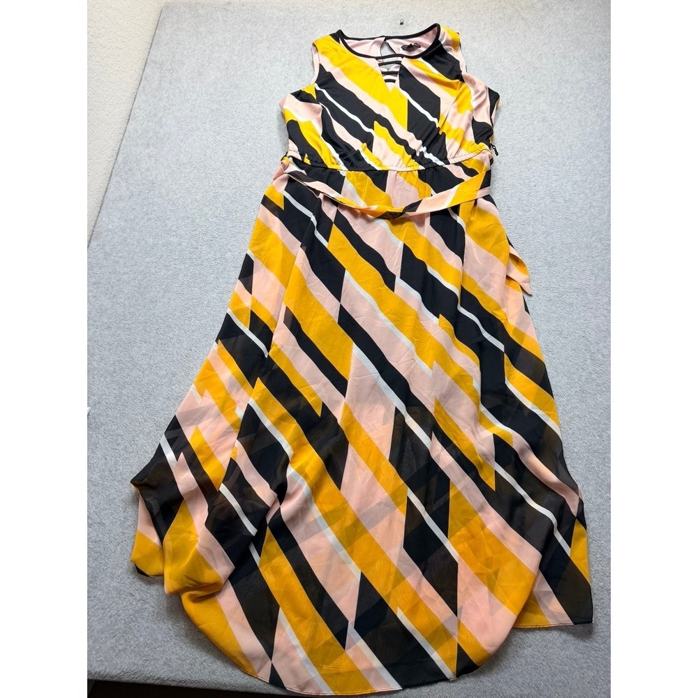 Womens Yellow Black Pink Geometric Striped High Low Maxi Dress Sleeveless L